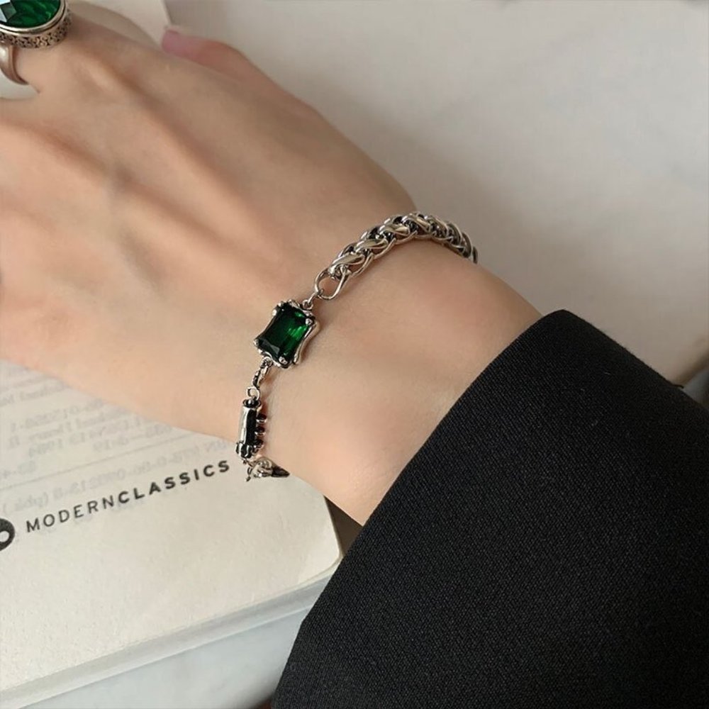 NEW Silver Vintage Green Square Zircon Thick Thain Bracelet
